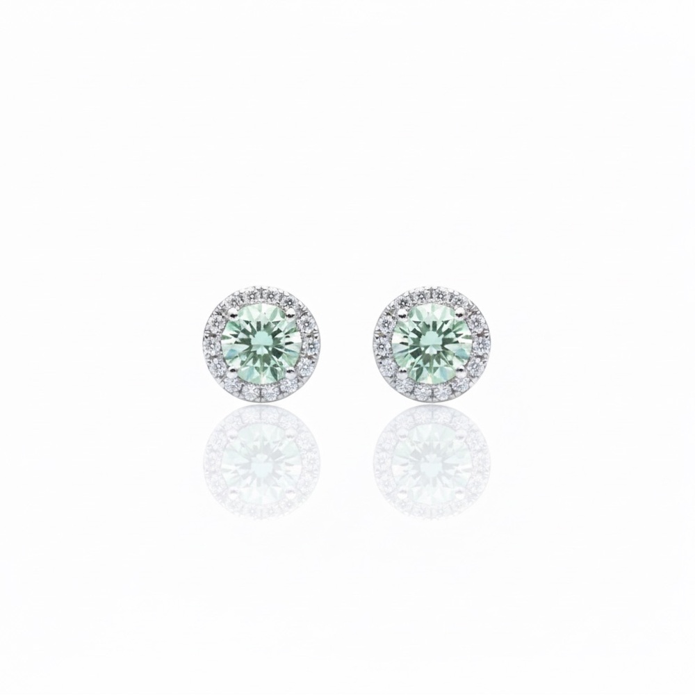 Halo Stud Earrings with Light Green Moissanite (.925 Sterling Silver)